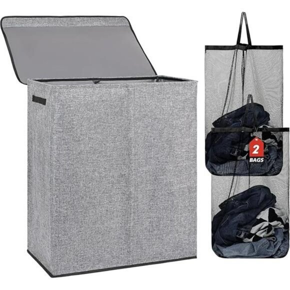 Large Double Laundry Hamper with Lid Removable Bags for Bedroom Bathroom - Picture 8 of 8
